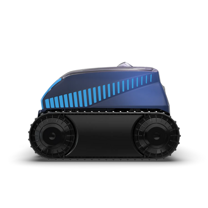 The Polaris FREEDOM™ Plus Cordless Robotic Cleaner with LiFi, Remote & Caddy features a stylish blue design and durable black tank-like tracks, making pool maintenance effortless. Thanks to its cutting-edge capabilities, managing your pool has never been more convenient.