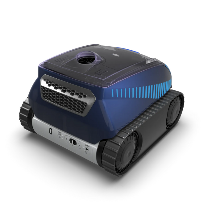 The Polaris FREEDOM™ Plus Cordless Robotic Cleaner with LiFi, Remote & Caddy showcases tank-like wheels and a modern blue and black design against a white backdrop, easily operated with a LiFi remote.