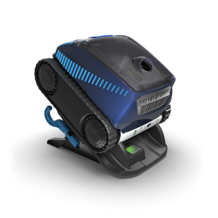 The Polaris FREEDOM™ Plus Cordless Robotic Cleaner, featuring a sleek blue design with tank-like tracks and equipped with LiFi, remote control, and a handy caddy, rests on its charging dock, providing cutting-edge efficiency in pool maintenance technology.