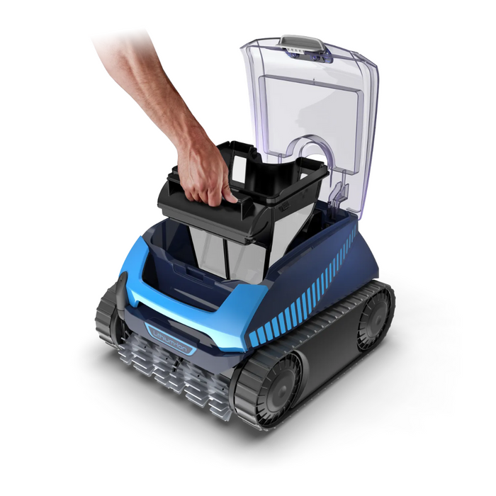 A hand removes a filter basket from the open top lid of the Polaris FREEDOM™ Plus Cordless Robotic Cleaner with LiFi, Remote & Caddy, a convenient cordless robotic cleaner.