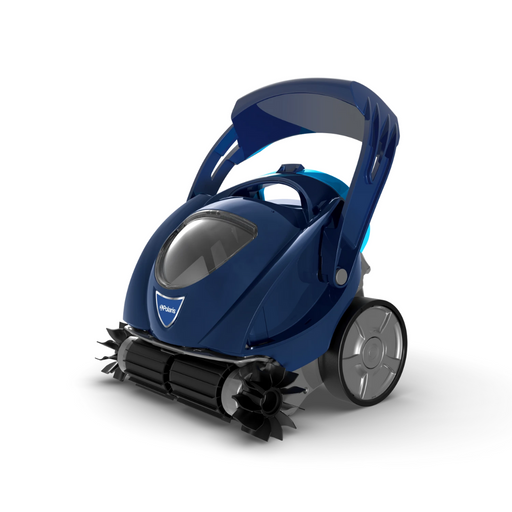The Polaris Spabot Automatic Cordless Spa Hot Tub Cleaner, from the renowned brand Polaris, is a sophisticated blue robotic cleaner with a sleek design. It features large wheels and rotating scrub brushes in front, equipped with advanced SpaNav Technology to ensure efficient pool cleaning.