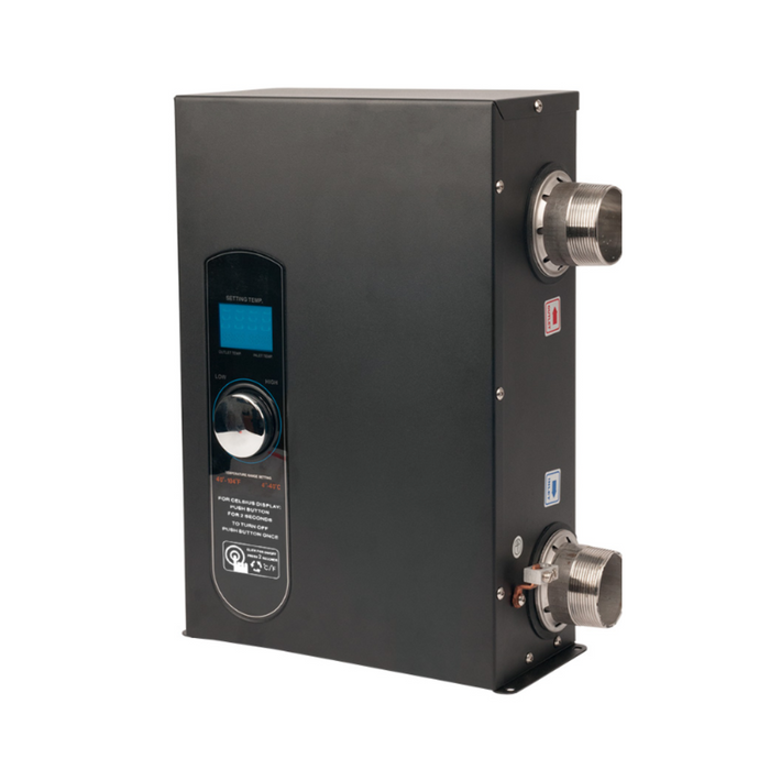 The Raypak 92K BTU 0027 E3T Electric 3-Series Titanium Pool Spa Heater for up to 11,000 gallons is a black rectangular heater with a digital control center and two side pipe connections, featuring robust titanium heating elements for maximum efficiency.