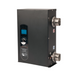 The Raypak 92K BTU 0027 E3T Electric 3-Series Titanium Pool Spa Heater for up to 11,000 gallons is a black rectangular heater with a digital control center and two side pipe connections, featuring robust titanium heating elements for maximum efficiency.