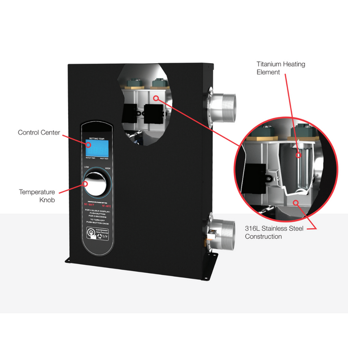 A diagram of the Raypak 92K BTU 0027 E3T Electric 3-Series Titanium Pool Spa Heater illustrates its intricate design, featuring a digital control center and labeled components like the temperature knob and titanium heating element, all enclosed within durable steel construction.