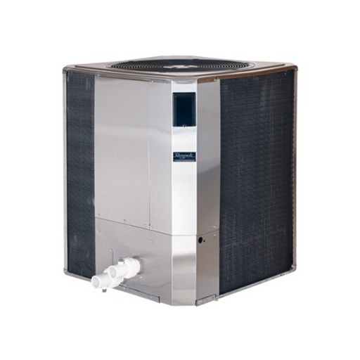 The Raypak TWPH-10354EHC17 Heat/Cool Pump, boasting a capacity of 170K BTU and suitable for pools up to 26K gallons, is perfect for commercial properties. It features black vents and a white pipe connection on the front, ensuring optimal performance and durability in this efficient three-phase, 460V unit.