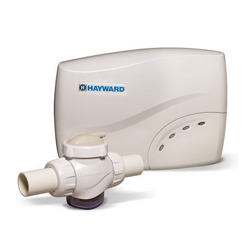 The Hayward W3SAS-PRO Salt & Swim 3C PRO Salt Chlorinator System with W3SAS-CELL Cell, featuring a control unit and a pipe valve, integrates seamlessly with your salt chlorinator for optimal pool sanitization.