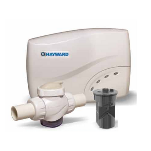 The Hayward W3SAS-PRO Salt & Swim 3C PRO Salt Chlorinator System with W3SAS-CELL Cell, crafted for efficient pool sanitization using liquid chlorine, features a control unit, valve, and filter component and is displayed on a white background.