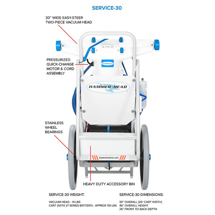 Hammerhead Service-30 Pool Vacuum Cleaner – 30" Head, 60' Cord (No Charger, No Battery)