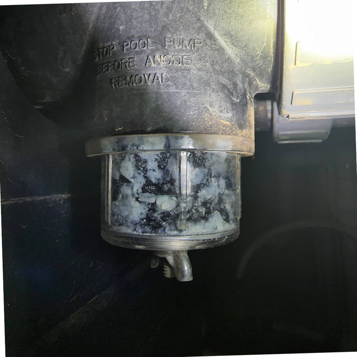 Close-up of a filter filled with white deposits under a pool pump, featuring warning text above. Experience the difference with the Raypak 017960F Digital Pool Heater ProTek Shield Kit, designed to keep your system running smoothly.