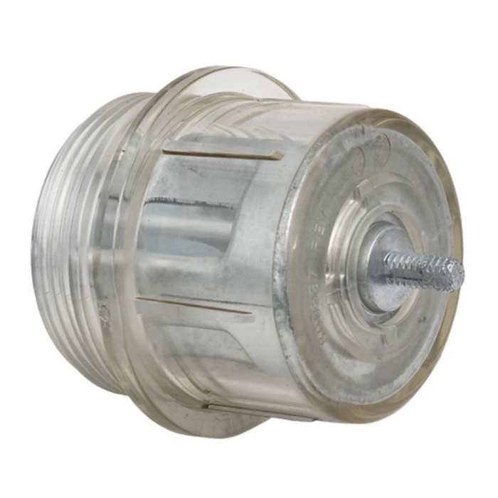 Clear plastic water hammer arrestor featuring a threaded end and a metal interior component, equipped with the Raypak ProTek Shield for enhanced durability.