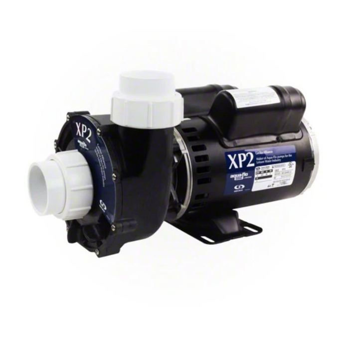 Displayed is an image of the Gecko Aqua-Flo XP2 2.0 HP Spa Pump, model number 06120500-2040, manufactured by Gecko Alliance. This high-performance, two-speed spa pump has a cylindrical body housing electrical components and includes a white fitting for connecting pipes. Designed specifically for use in pools or spas, it features detailed technical specifications along with the Gecko Alliance logo on its label.