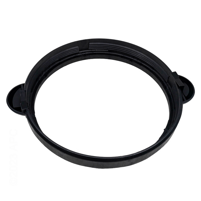 The Hayward CCX1000D XStream Cartridge Filter Lock Ring Assembly with 2 Safety Clips is a black circular plastic component with tabs on opposite sides, resembling a ring or gasket, ideal for use in Lock Ring Assembly systems.
