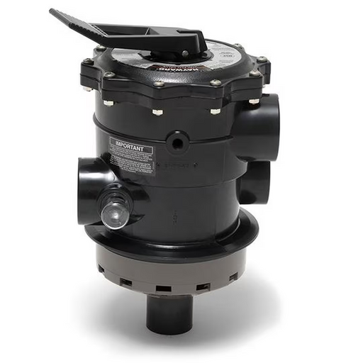 A black multiport control valve, like the Hayward SP071621 Multiport Vari-Flo Control 2" FIP Valve Top Mount for Sand Filters, typically used in pool filtration systems, features various ports and a lever on top for smooth operation.