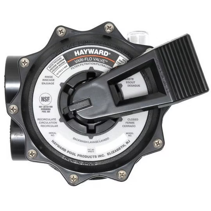 Top view of a Hayward SP071621 Multiport Vari-Flo Control 2" FIP Valve Top Mount for Sand Filters with a handle, showing various settings for pool filtration and maintenance.