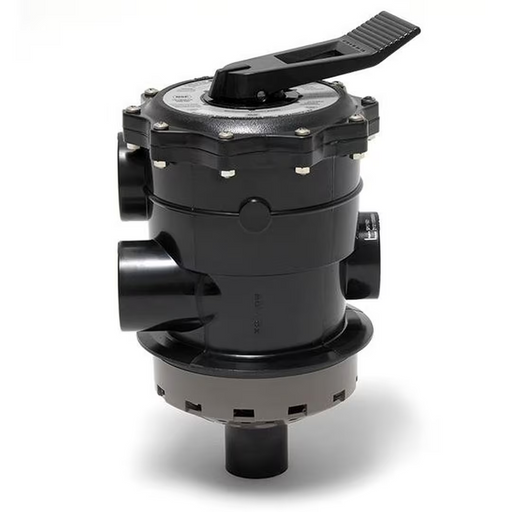 Close-up of a black Hayward SP071621 Multiport Vari-Flo Control 2" FIP Valve Top Mount for Sand Filters with a lever handle and multiple pipe connections, designed for pool or spa filtration systems.