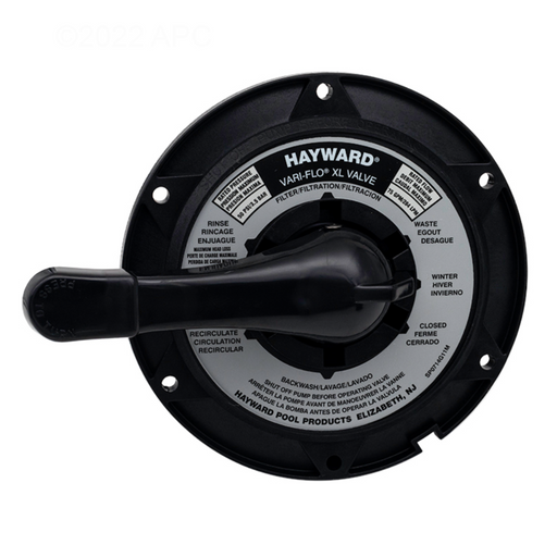 A black Hayward SPX0714BA SP0714T Key Cover & Handle Assembly, featuring a handle and labeled settings, designed for a pool filtration system.