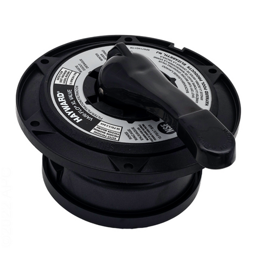 The Hayward SPX0714BA SP0714T Key Cover & Handle Assembly, a black pool valve from Hayward, features a handle and clearly labeled settings on the top.