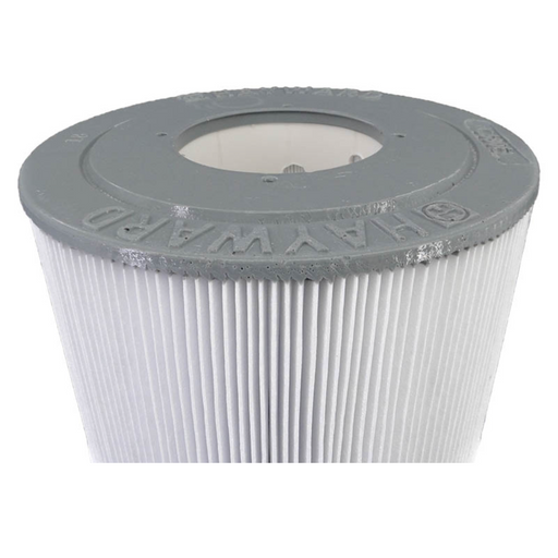 Close-up of a Hayward CX580XREPAK4 Filter Cartridge, which features a white cylindrical design with a gray top lid and visible vertical pleats, compatible with SwimClear C3030 systems and available in a 4-pack.