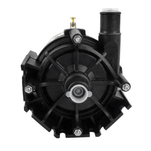 Close-up of a whisper-quiet black mechanical pump with bolts and a cylindrical protrusion on one side, showcasing the highly efficient Laing 73979 E10 Circulation Pump 230V.