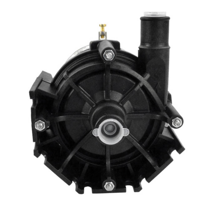 Close-up of a whisper-quiet black mechanical pump with bolts and a cylindrical protrusion on one side, showcasing the highly efficient Laing 73979 E10 Circulation Pump 230V.