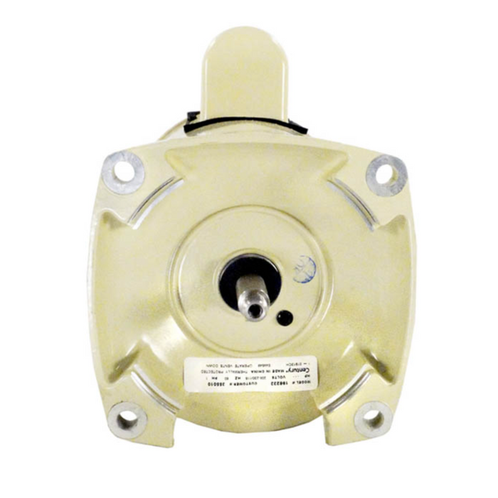 Front view of a square beige mechanical component featuring a central shaft and label, highlighting the energy-efficient design typical of Pentair Pool's 1.5HP Motor 1 Ph 208/230V 56Y 355012S WFE-6/28, used in WhisperFlo pumps.