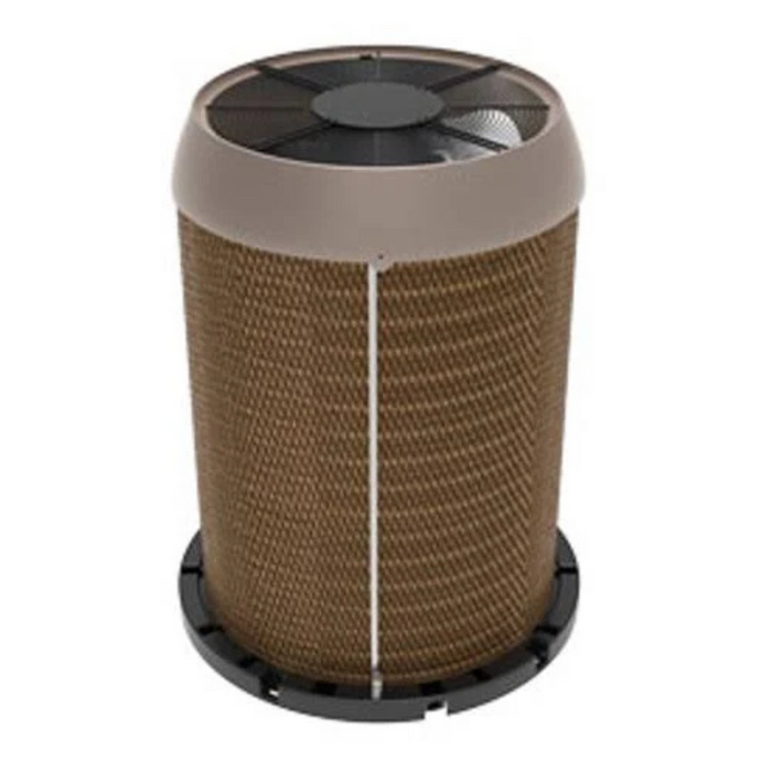 A cylindrical heat pump from Hayward, the 100K BTU HeatPro model W3HP31005T, features a brown woven exterior and a fan on top for quiet and efficient climate control.