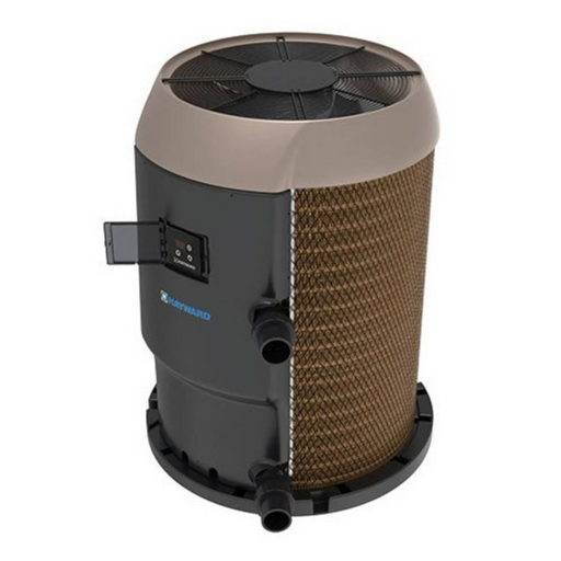 The Hayward 100K BTU HeatPro Heat/Cool Pump, W3HP31005T, boasts a sleek cylindrical design with a brown cover and a digital control panel on the side. Featuring a Titanium Heat Exchanger, it ensures efficient and quiet operation for maintaining optimal pool temperatures.