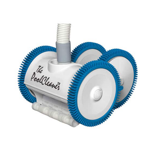 The Hayward W3PVS40JST The PoolCleaner 4 Wheel Suction Cleaner is a white and blue device equipped with four wheels and a hose connector on top, making it ideal for maintaining in-ground pools. This efficient suction-side pool cleaner from Hayward ensures sparkling results.