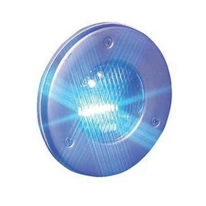 A circular blue light with a bright emission and a reflective stainless trim surface, the Hayward W3SP0535SLED100 ColorLogic 4.0 LED Spa Light is mounted with four screws and comes with a 100' cord.