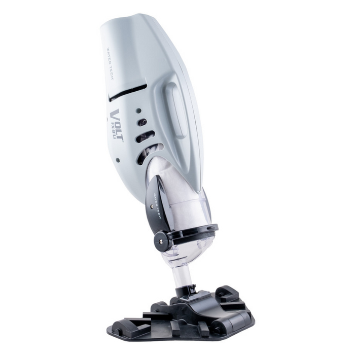 The Water Tech Volt FX-8 Li Cordless Vacuum is a sophisticated handheld pool cleaner, showcasing a black base with its rechargeable system and equipped with reusable filter bags to ensure efficient and eco-friendly cleaning.