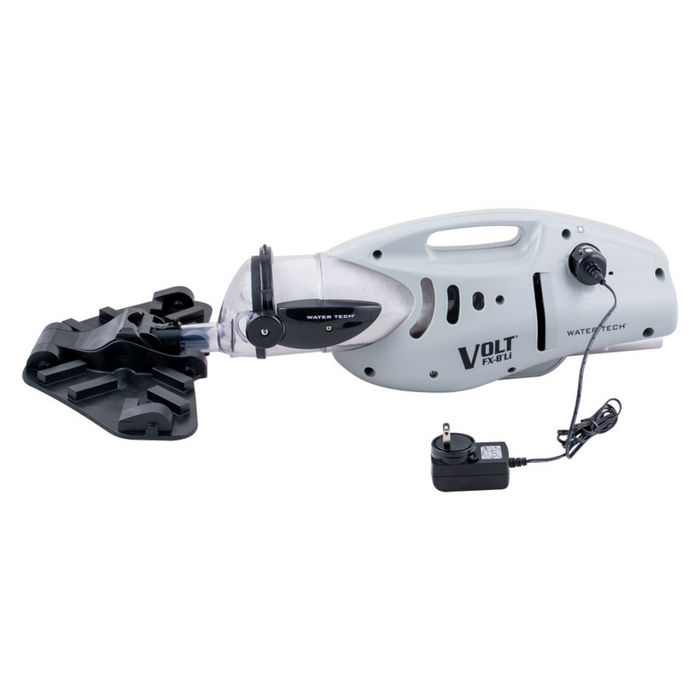 Water Tech 34000KL Volt FX-8 Li Cordless Vacuum with reusable filter bags and charger on a white background.