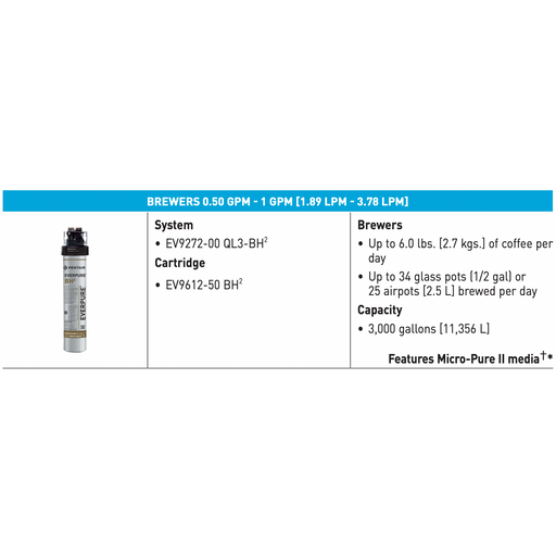 Everpure QL3-BH EV9272-00 Filtration System (Brewers 0.50 - 1 GPM)
