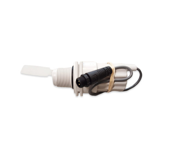 The PureChlor CLG115B-032 Tee with Flow Switch & Temp Sensor Assembly, featuring a white water flow sensor and black connector, comes with an attached cable secured by a rubber band and integrates seamlessly into PureChlor systems.