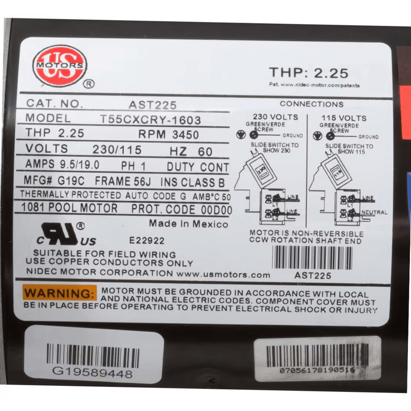 Nidec 2.25HP 1 - Speed Up - Rated Motor 56J Hayward AST225 – Vita Pool Supply