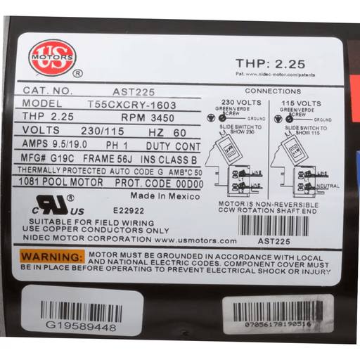 Nidec 2.25HP 1 - Speed Up - Rated Motor 56J Hayward AST225 – Vita Pool Supply
