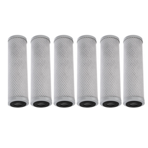 A row of six cylindrical OptiPure CTOS-10 Filter Cartridges, model number 252-20210, known for their advanced scale-inhibiting technology, is displayed on a white background.