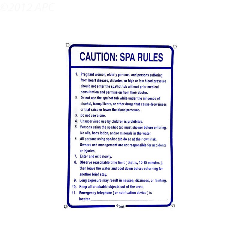 Pentair R234200 24" x 36" Spa Rules Safety Sign – Vita Pool Supply