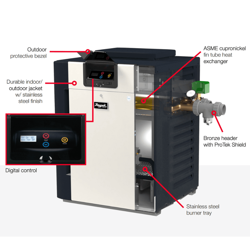 Raypak 399K BTU 408A Professional ASME Digital Gas Heater Cupro Nickel (013731, 013732) – Vita Pool Supply