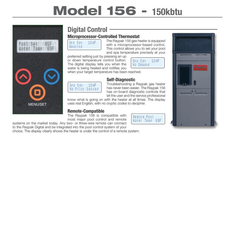 Raypak R156A Digital Natural Gas Heater 150 BTU 120/240V, 014785 P - R156A - EN - C – Vita Pool Supply