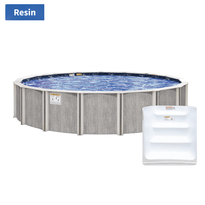 River Bend Round Above - Ground Pool Kit with Built - In Steps, 52"/54" Wall Height, 8" Resin Top Rails, Salt - Friendly – Vita Pool Supply