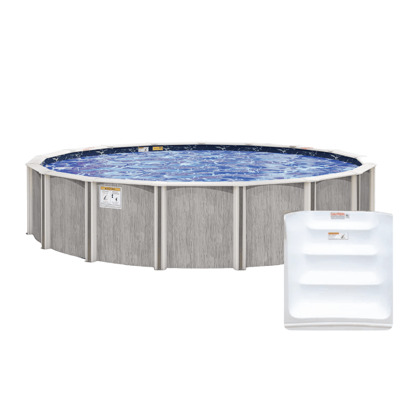 River Bend Round Above - Ground Pool with Built - In Steps, Skimmer & Liner Included, 52"/54" Wall Height, 8" Resin Top Rails – Vita Pool Supply