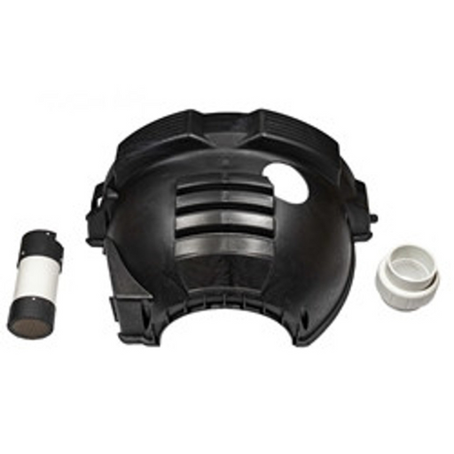 The Pentair Pool 475002 3'' PVC Direct Air Intake Duct Kit features a black plastic cover with vents, designed for a Sta-Rite Max-E-Therm Heater, and includes two cylindrical components on either side.