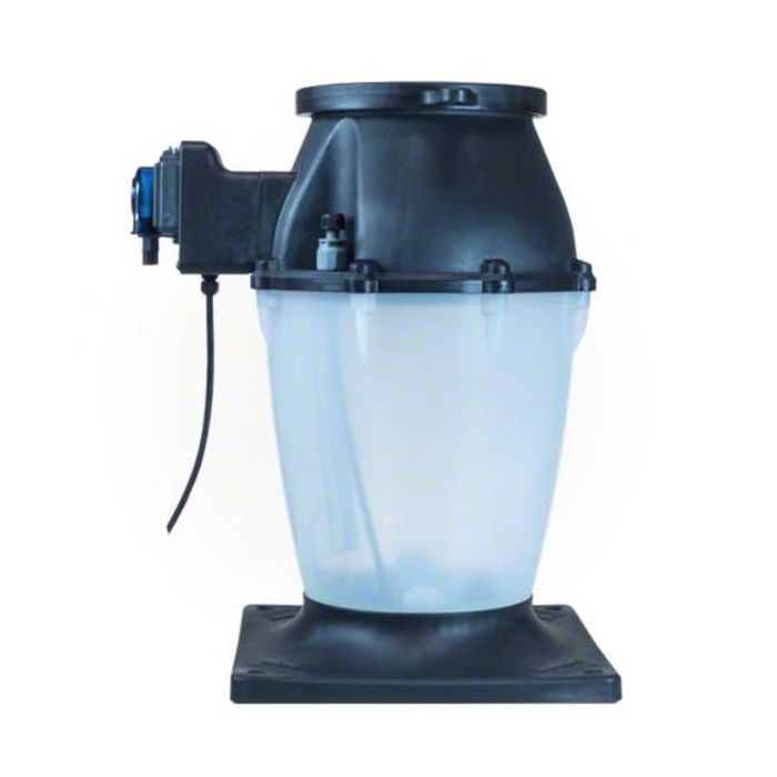 Introducing the Pentair 522473 Chlorine Tank with Tank Mounted Pump for IntelliChem: a black and white industrial machine with a cylindrical, transparent middle section on a square base, brought to you by Pentair Pool.