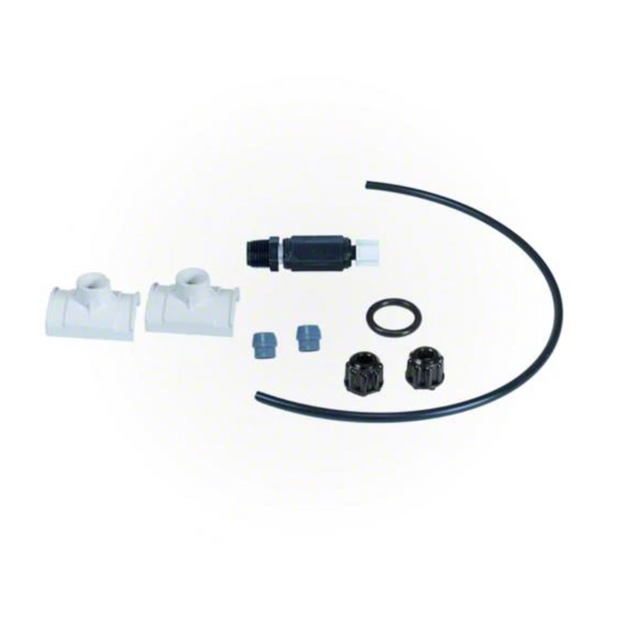 An assortment of black and gray plumbing fittings, connectors, and a flexible hose against a white background, featuring the Pentair Pool Pentair 522473 Chlorine Tank with Tank Mounted Pump for IntelliChem.