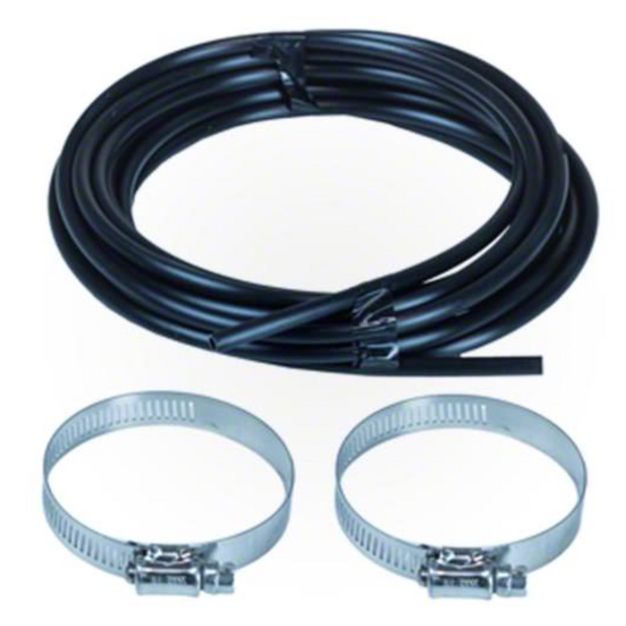 Black tubing coiled beside two metal hose clamps on a light background, ideal for use with the Pentair 522473 Chlorine Tank with Tank Mounted Pump for IntelliChem by Pentair Pool.