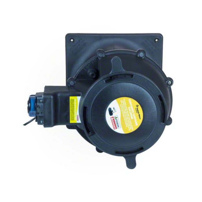 Top view of a black draft inducer blower motor with labeled stickers on its casing, compatible with the Pentair Pool 522473 Chlorine Tank with Tank Mounted Pump for IntelliChem.