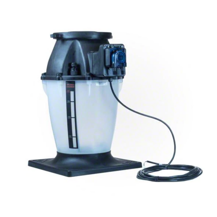 The Pentair Pool 522473 Chlorine Tank with Tank Mounted Pump for IntelliChem is a water filtration system featuring a transparent water container and an attached electrical cord, available in white and black, seamlessly integrating IntelliChem technology.